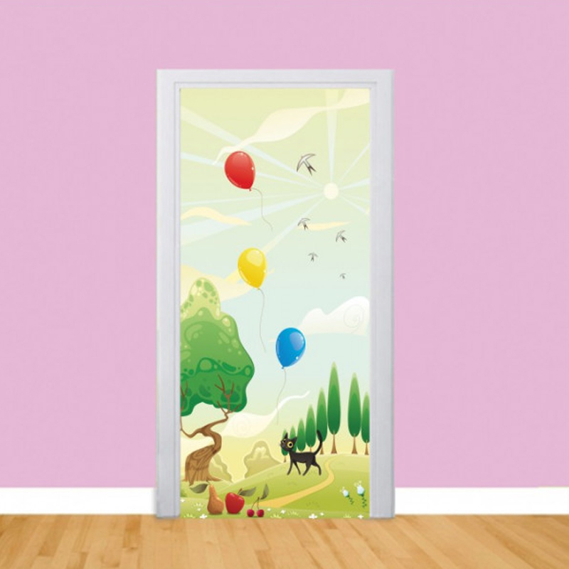 Αυτοκόλλητο πόρτας Τοπίο με Μπαλόνια και Γατούλα